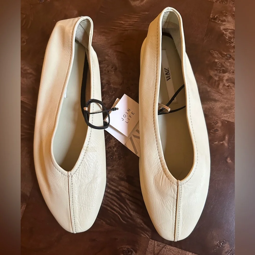 Zara Cream Leather Ballet Flats
